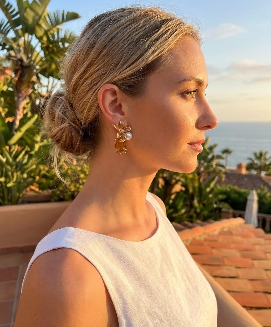 Delicate pearl earrings with brown and white flowers and glass accents, inspired by Diaz de la Peña, perfect for elevating work looks, client meetings, and daily wear.