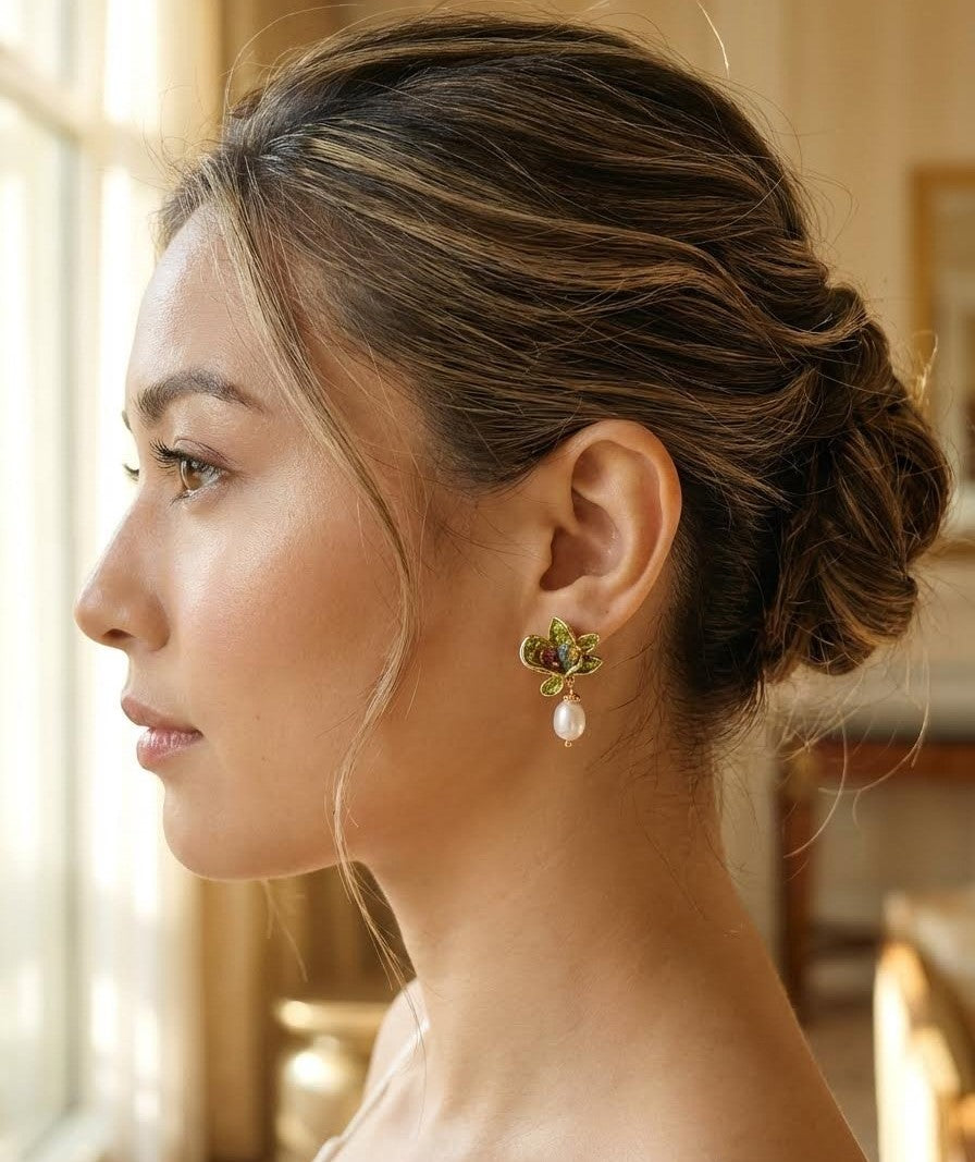 Artistic green flower and pearl earrings inspired by Monet’s Fisherman’s Cottage on the Cliff, perfect for summer events, gallery trips, or family seaside holidays.
