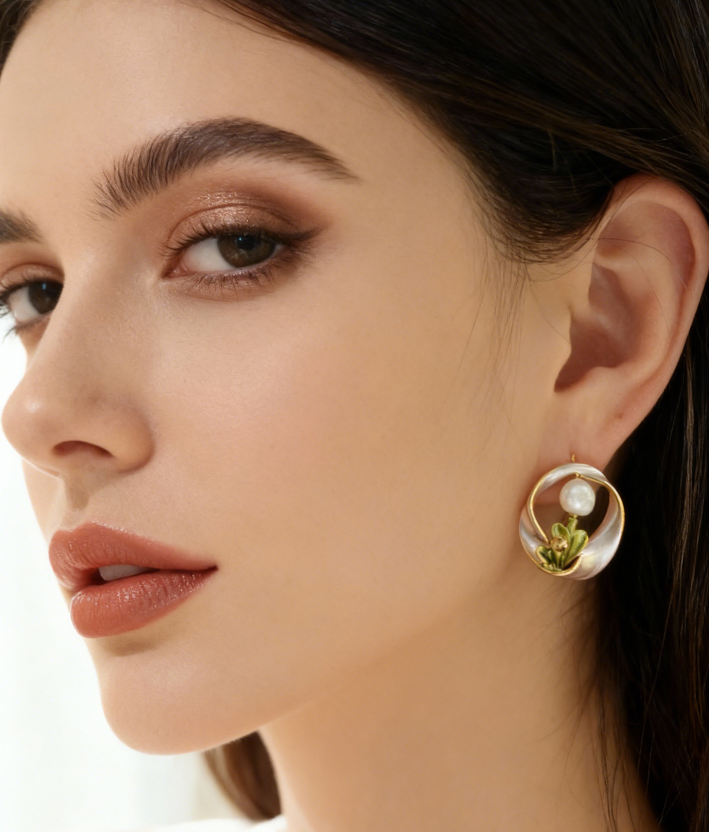 Luxury pearl earrings with pink green flower, inspired by Renoir, symbolising hope, love, and tenderness, perfect for gifting for Mrs. 