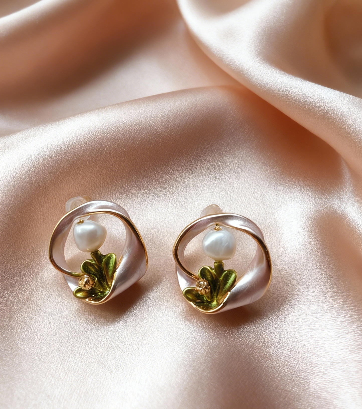 Luxury pearl earrings with delicate pink ribbon, capturing Renoir’s romantic grace, ideal for professional women, date nights, and gifting loved ones