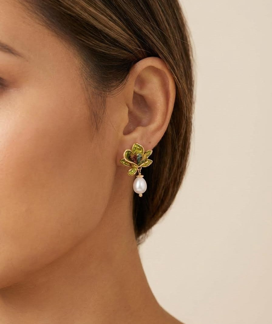 elegant green flower earrings with pearl drops inspired by Monet, ideal for summer outings and relaxed beach house holidays with loved ones.