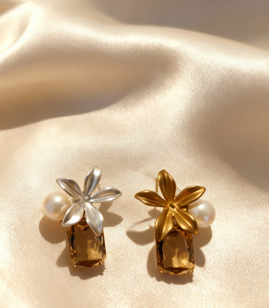 Art-inspired pearl earrings with delicate flowers and luminous glass, perfect for subtle sophistication in work, client-facing, and daily occasions